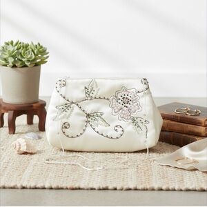 Vintage MCM Ivory Satin Floral Embroidery Evening Clutch Beaded Sequin Accessory